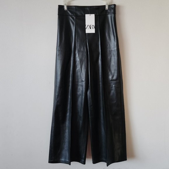 NWT ZARA Faux Leather Black Culottes Pants - Picture 4 of 8